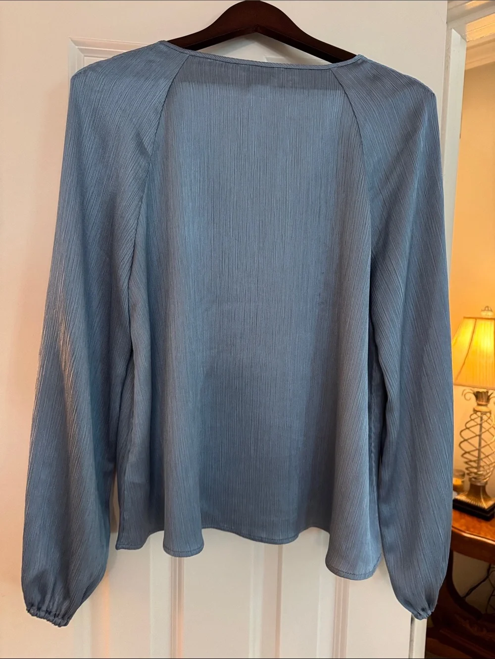 Calvin Klein Dusty Blue V-Neck Long-Sleeve Blouse - Picture 3 of 7